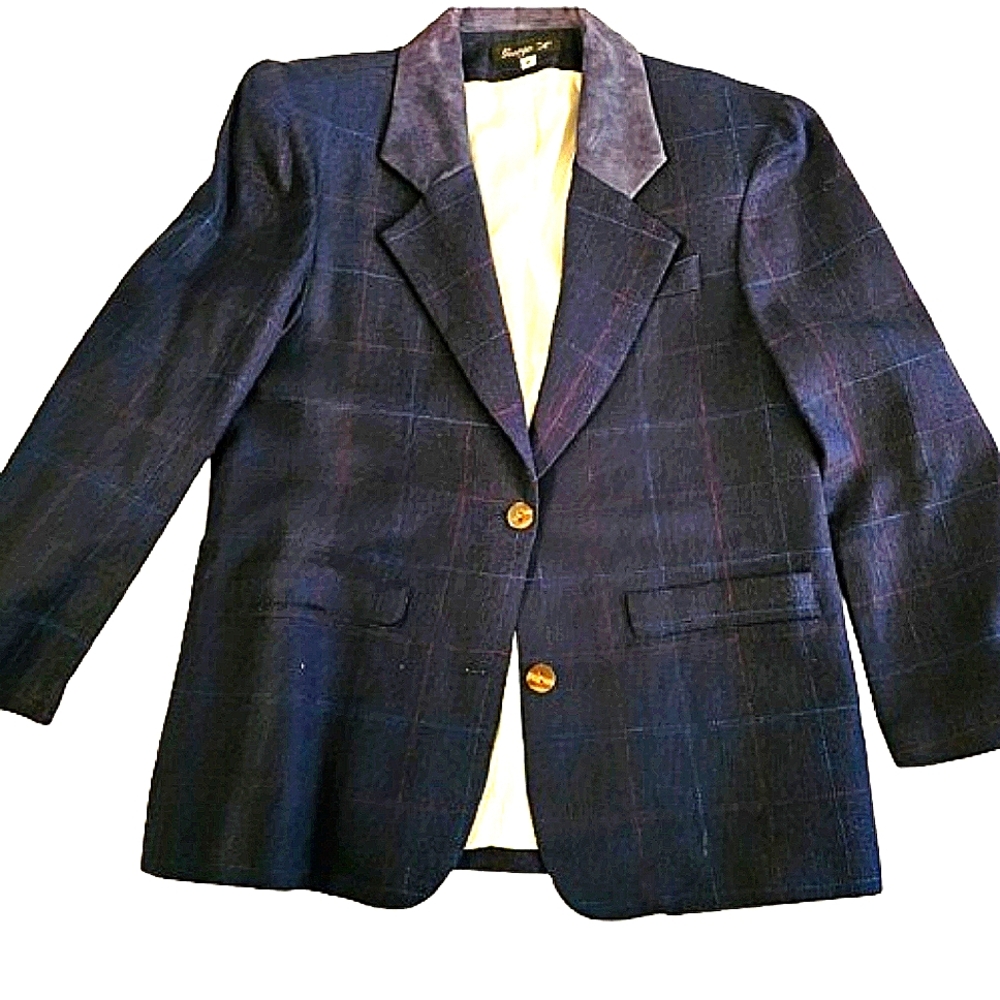George A, Vintage,  Silk, Blue Plaid Blazer, size M/L